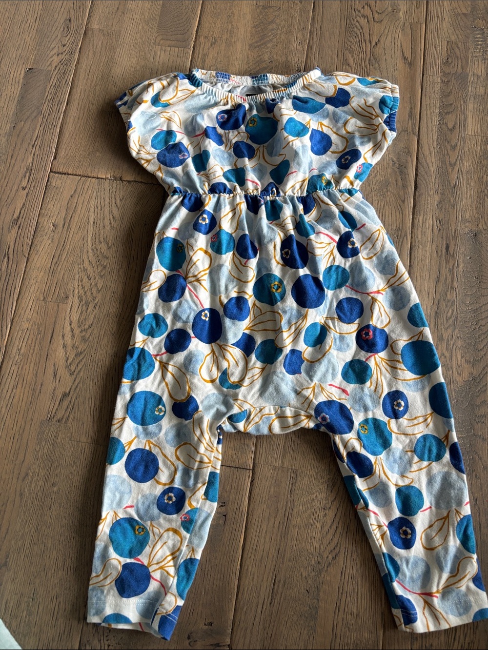 Tea Collection Blue Dot Floral Romper with Gold Accents